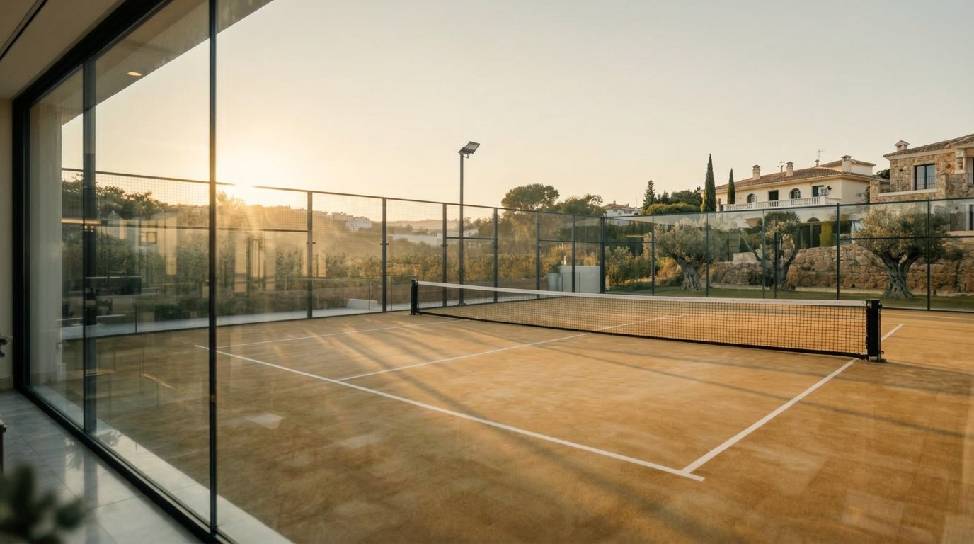 Padel pálya naplementében, meleg arany fényekkel